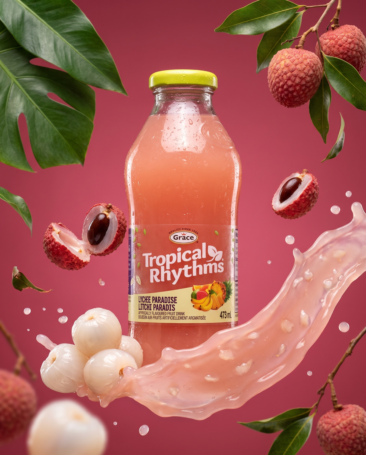 Front view of Grace Tropical Rhythms Lychee Paradise Drink bottle with pink fruit drink, lychees, and tropical splash