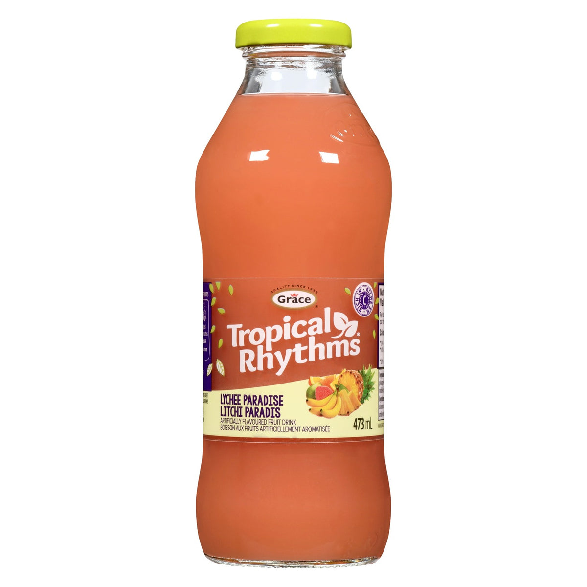 Front view of Grace Tropical Rhythms Lychee Paradise Drink bottle with lychee paradise label and 473 mL volume on white