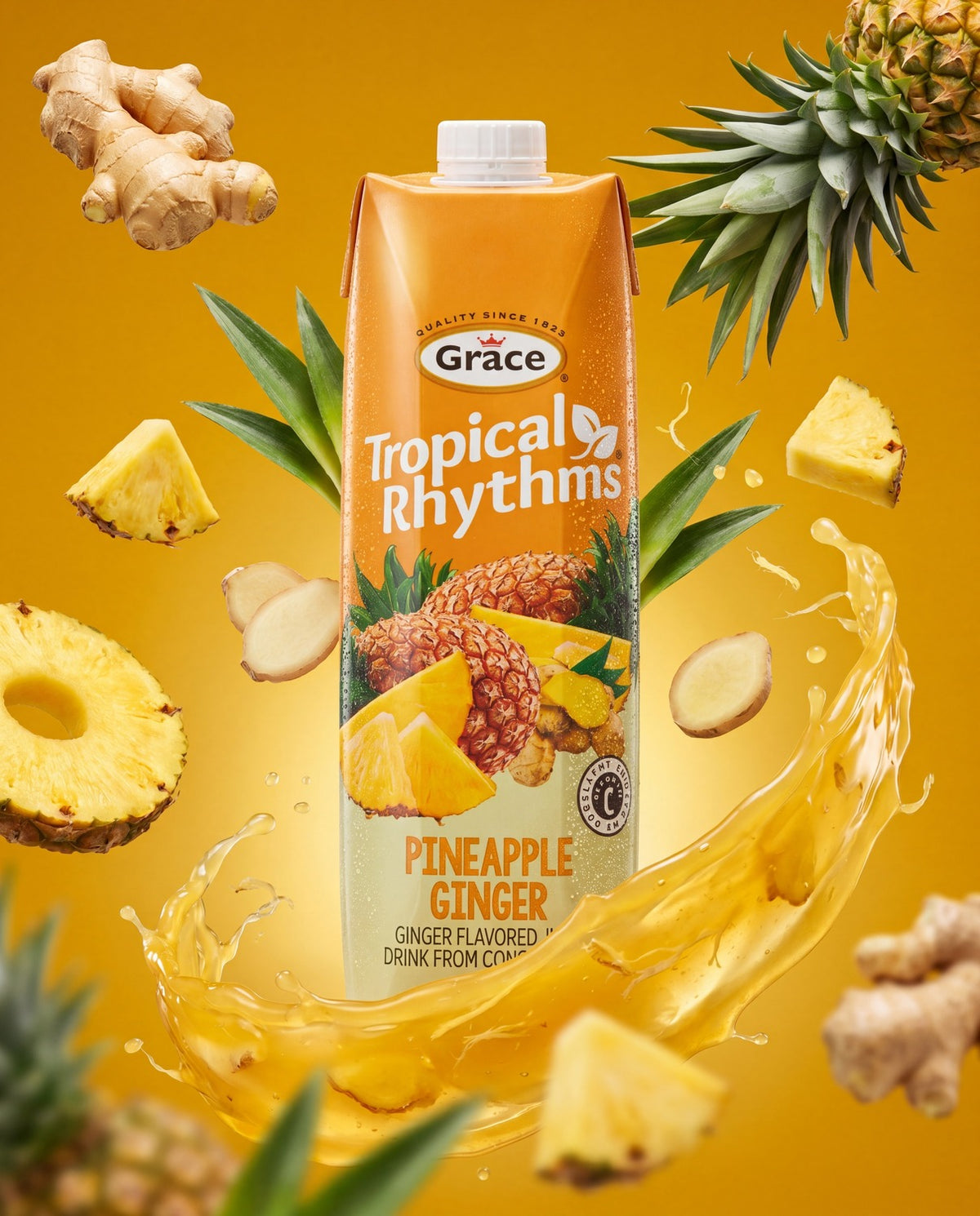 Front view of Grace Tropical Rhythms Pineapple Ginger juice carton with pineapple and ginger on an orange background