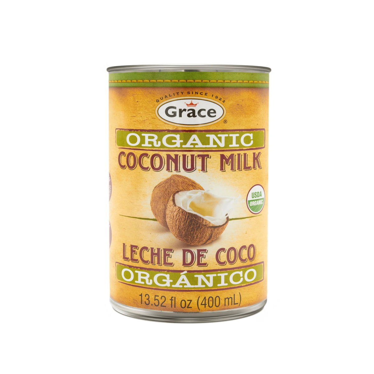 Front view of Grace Organic Coconut Milk can showcasing its organic label and 400 mL size against a white background