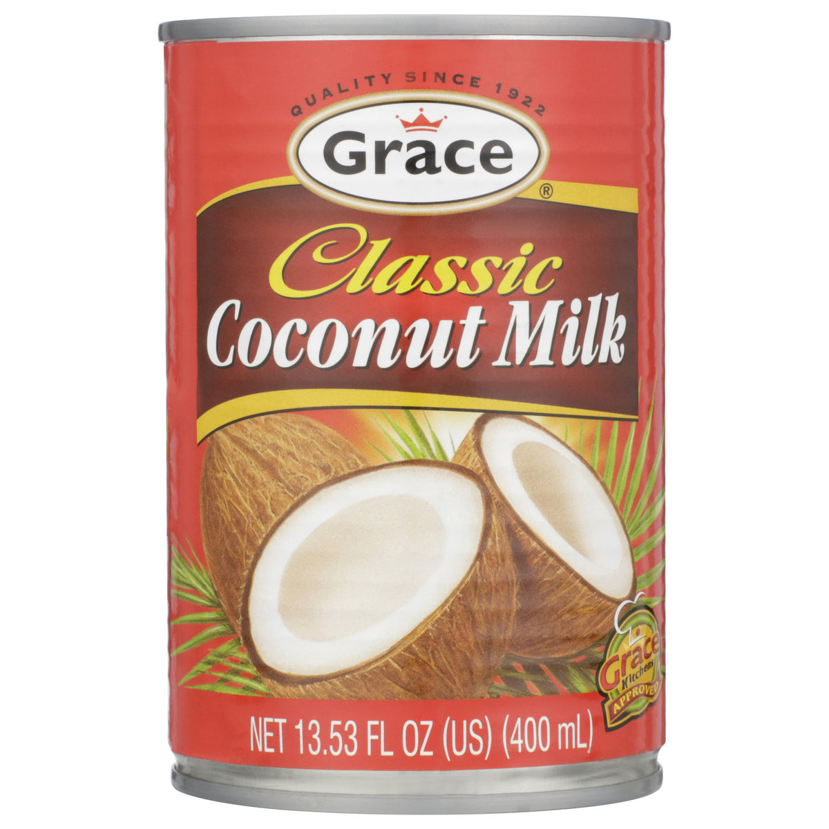 Front view of Grace Classic Coconut Milk can showcasing coconut halves and 13.53 fl oz, 400 ml label on a white background