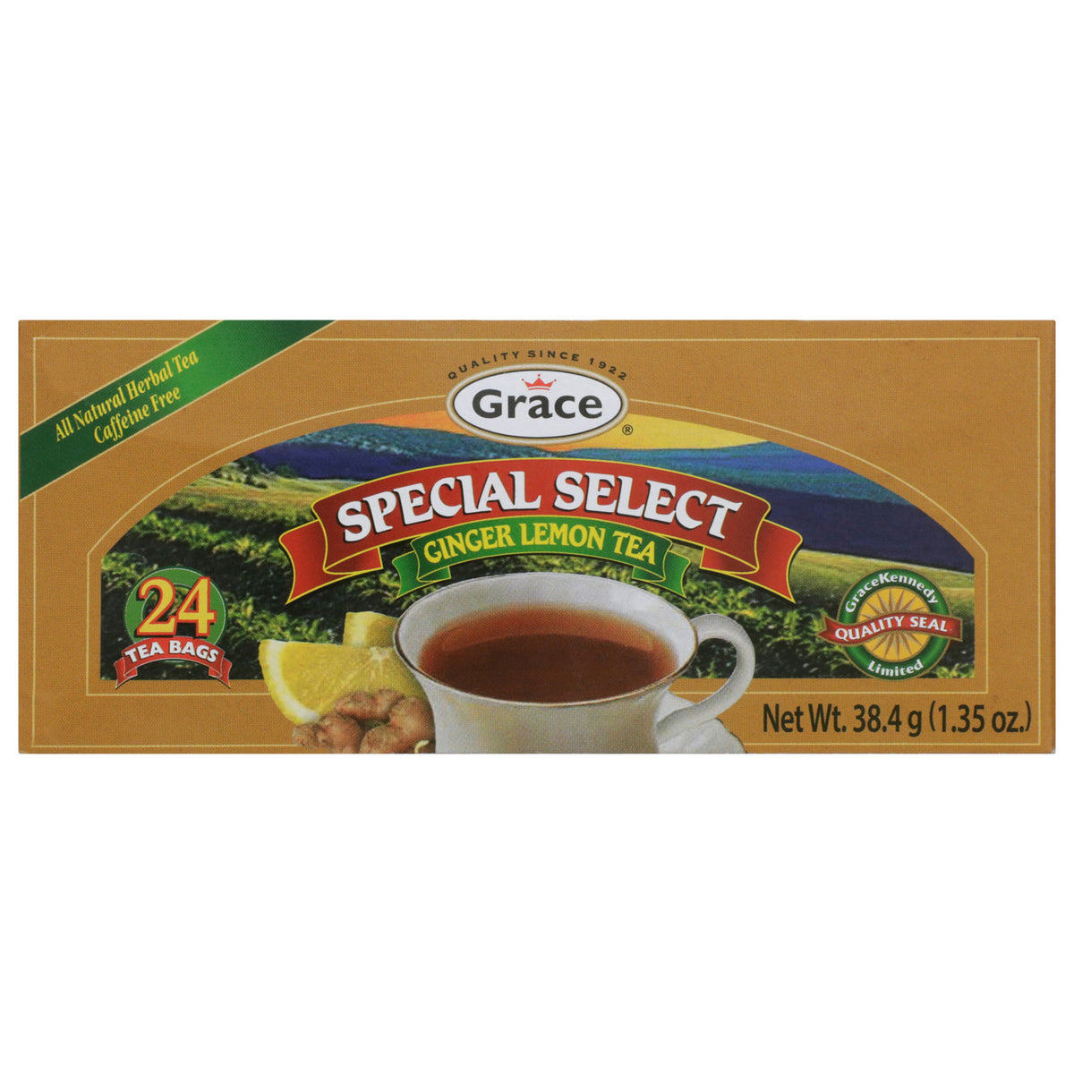 Front view of Grace Special Select Ginger Lemon Tea box showcasing 24 tea bags and a cup of tea with a white background