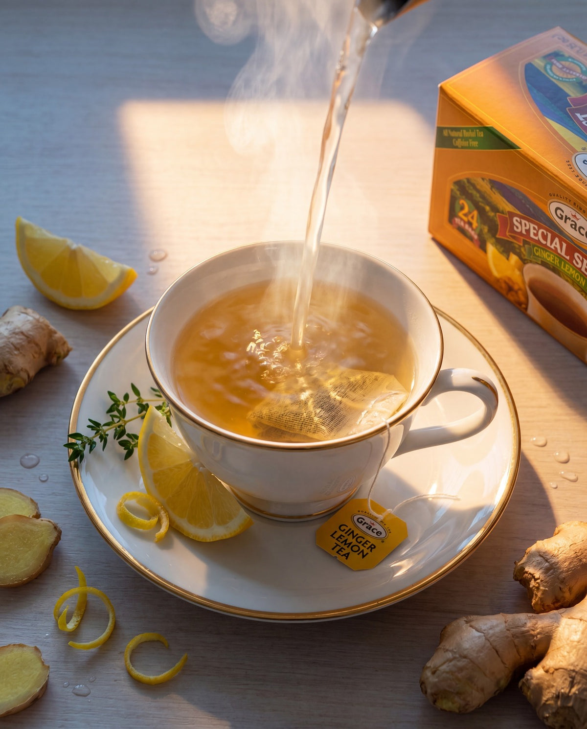 Grace Special Select Ginger Lemon Tea being poured into a teacup beside lemon slices and fresh ginger