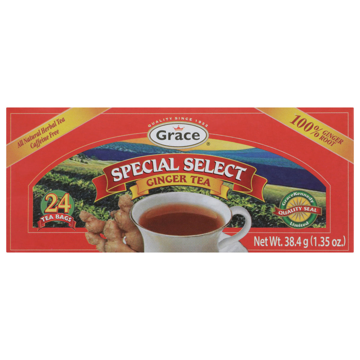 Front view of Grace Special Select Ginger Tea box showcasing 24 tea bags and 100% ginger root with a white background
