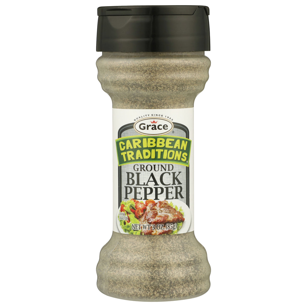 Front view of Grace Caribbean Traditions Ground Black Pepper bottle with 3 oz net weight on white background