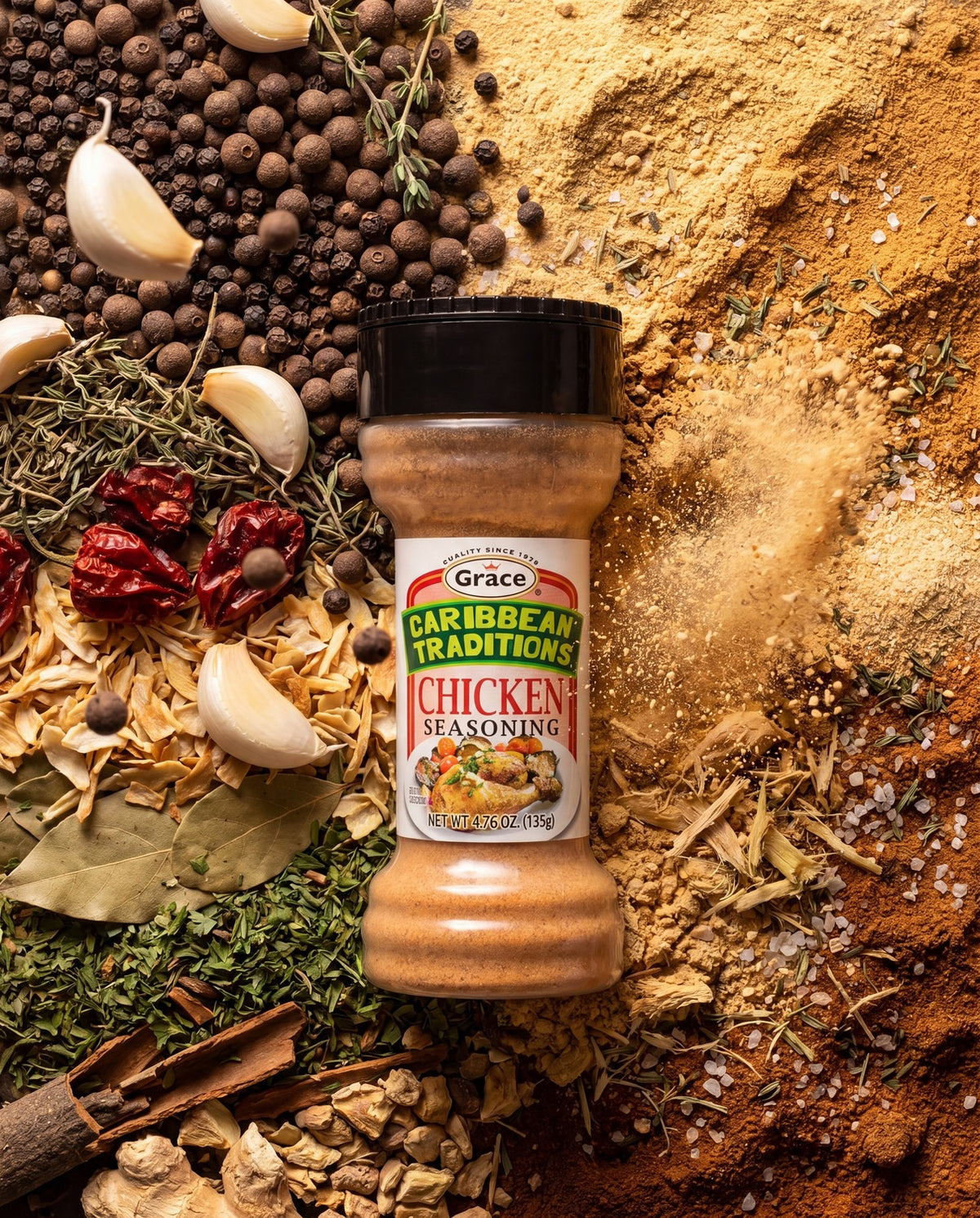 Front view of Grace Caribbean Traditions Chicken Seasoning showcasing labeled bottle with spices and herbs