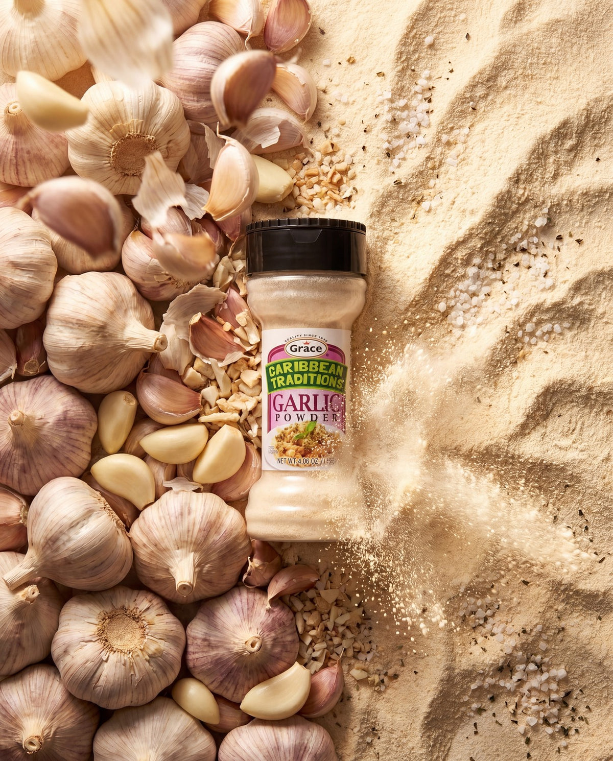 Front view of Grace Caribbean Traditions Garlic Powder showcasing its 4.06 oz bottle with garlic bulbs and powder background