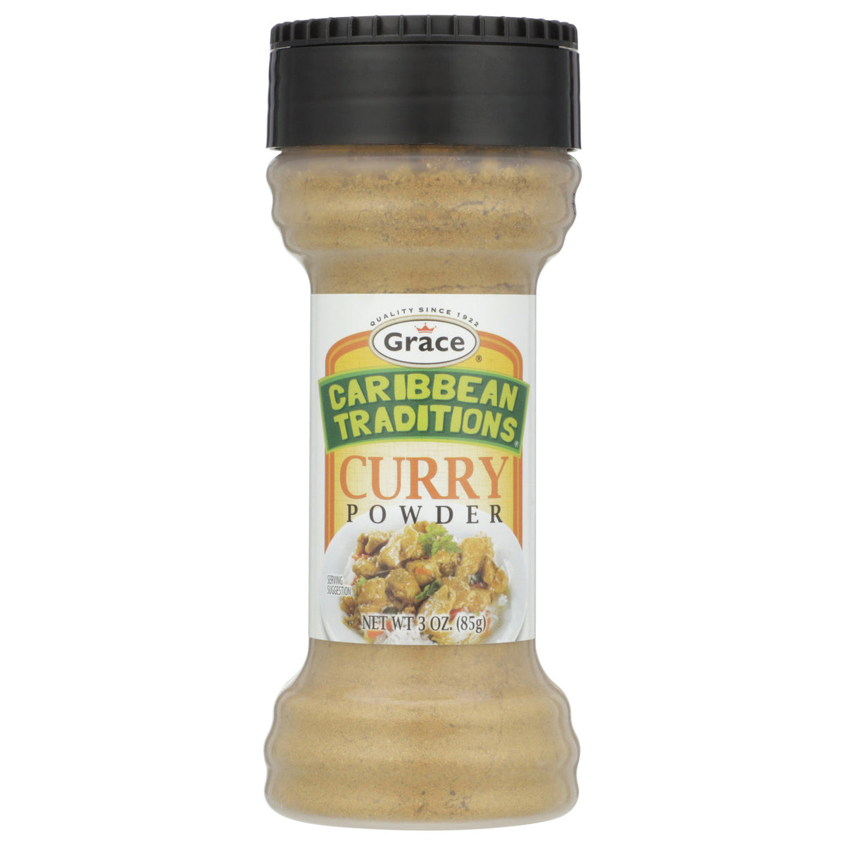 Front view of Grace Caribbean Traditions Curry Powder showcasing 3 oz bottle with black cap on white background