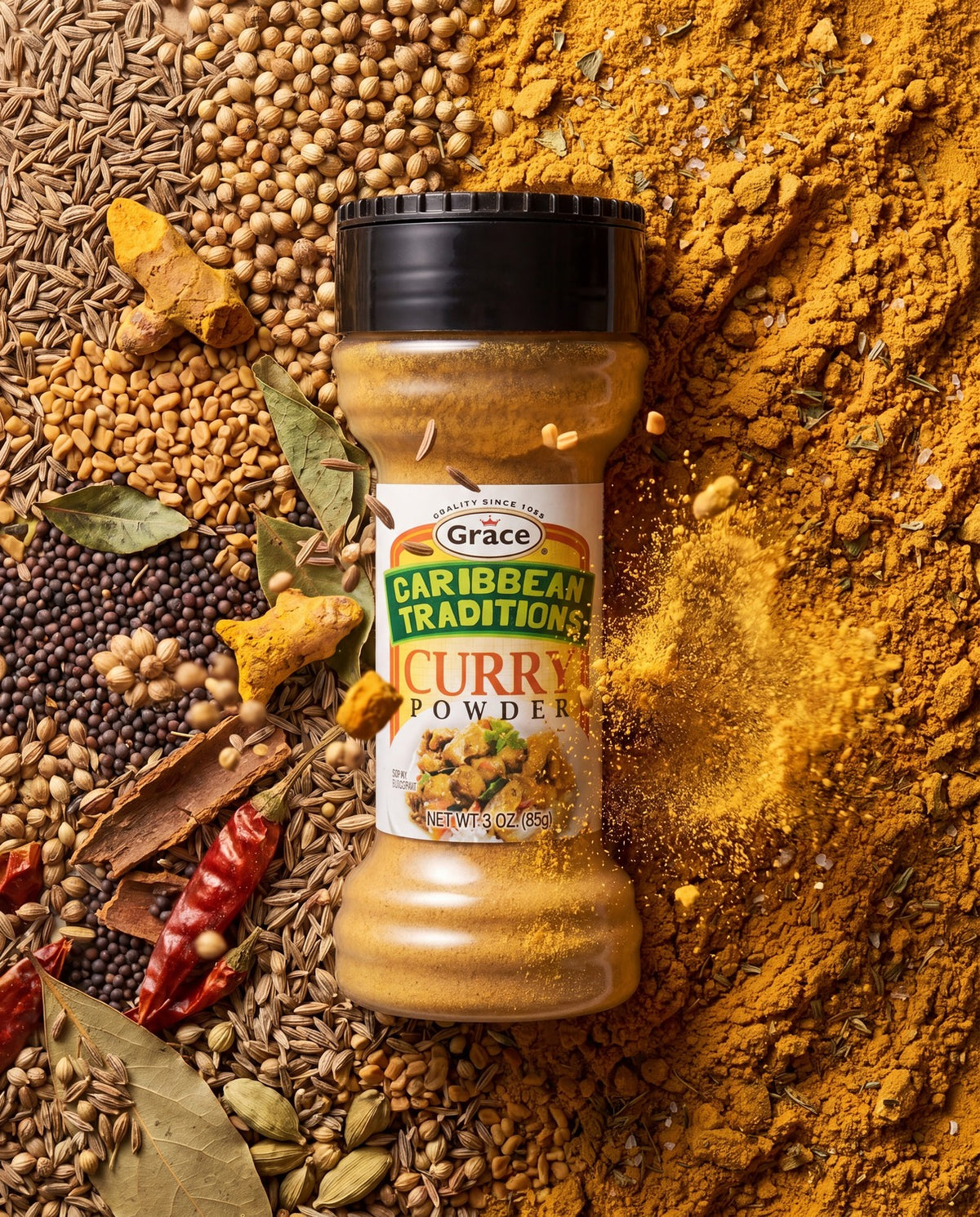 Front view of Grace Caribbean Traditions Curry Powder showcasing the 3 oz bottle with whole spices and curry powder background