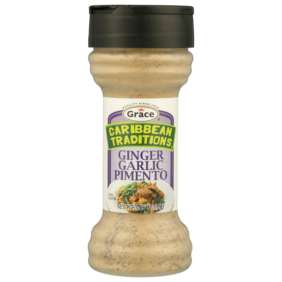 Front view of Grace Caribbean Traditions Ginger Garlic Pimento seasoning bottle showcasing its blend on a white background