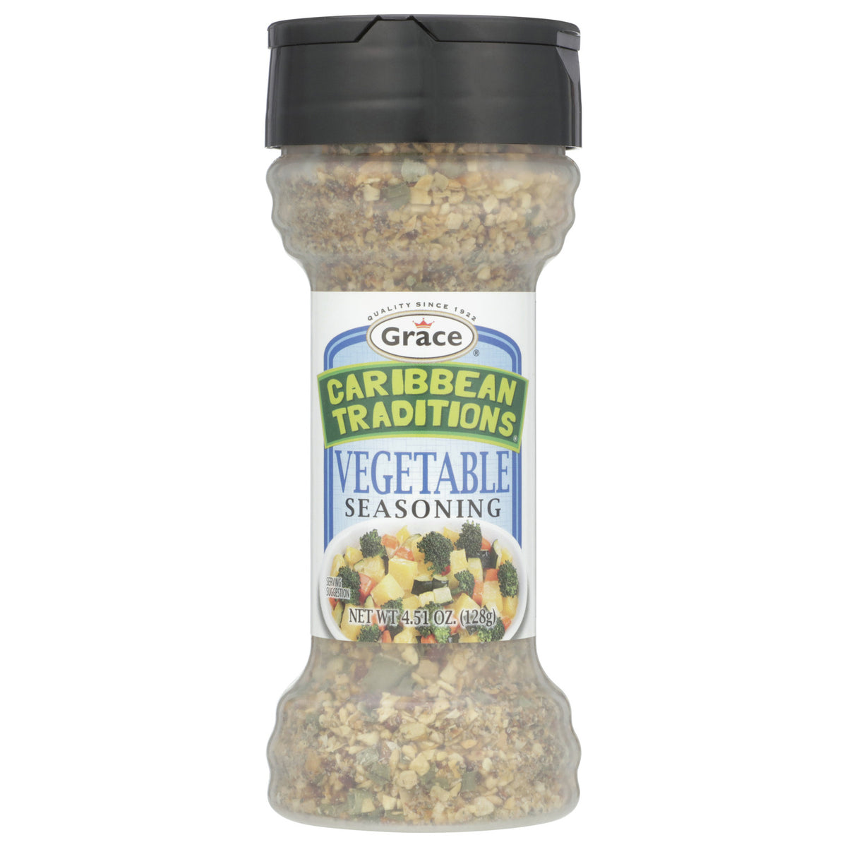 Front view of Grace Caribbean Traditions Vegetable Seasoning bottle with visible vegetable pieces and 4.51 oz size on white background