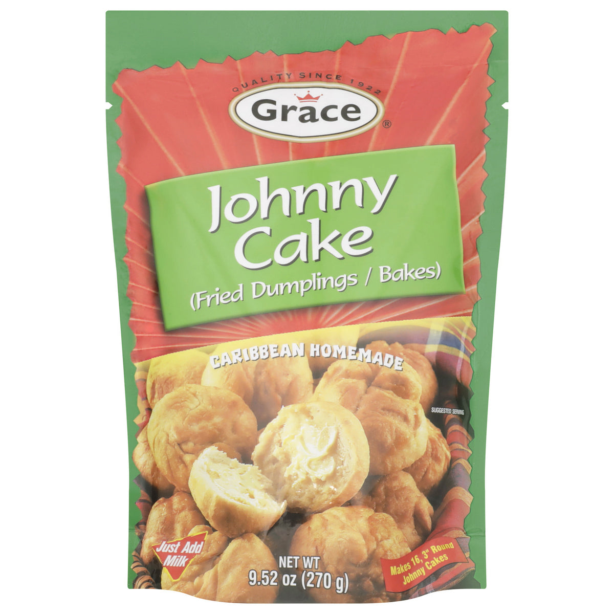 Front view of Grace Fried Dumpling Johnny Cake Mix showcasing Johnny Cake, fried dumplings, and Caribbean homemade packaging