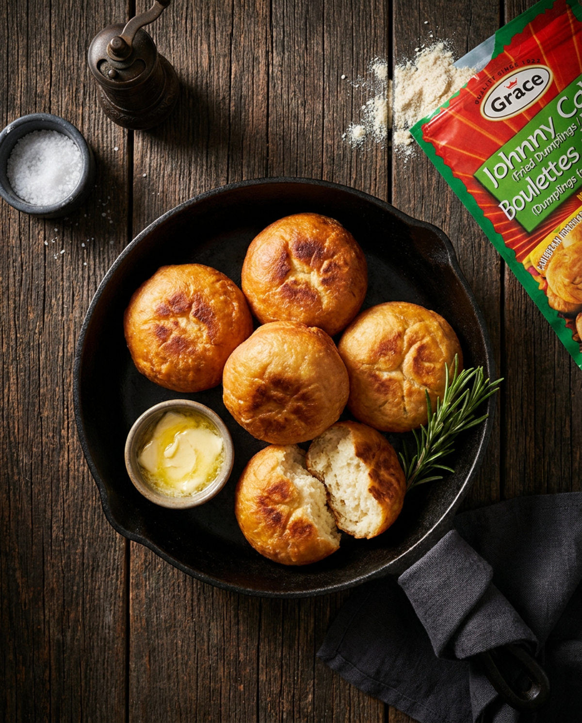 Overhead view of Grace Fried Dumpling Johnny Cake Mix showcasing golden fried dumplings and package on a rustic wooden table