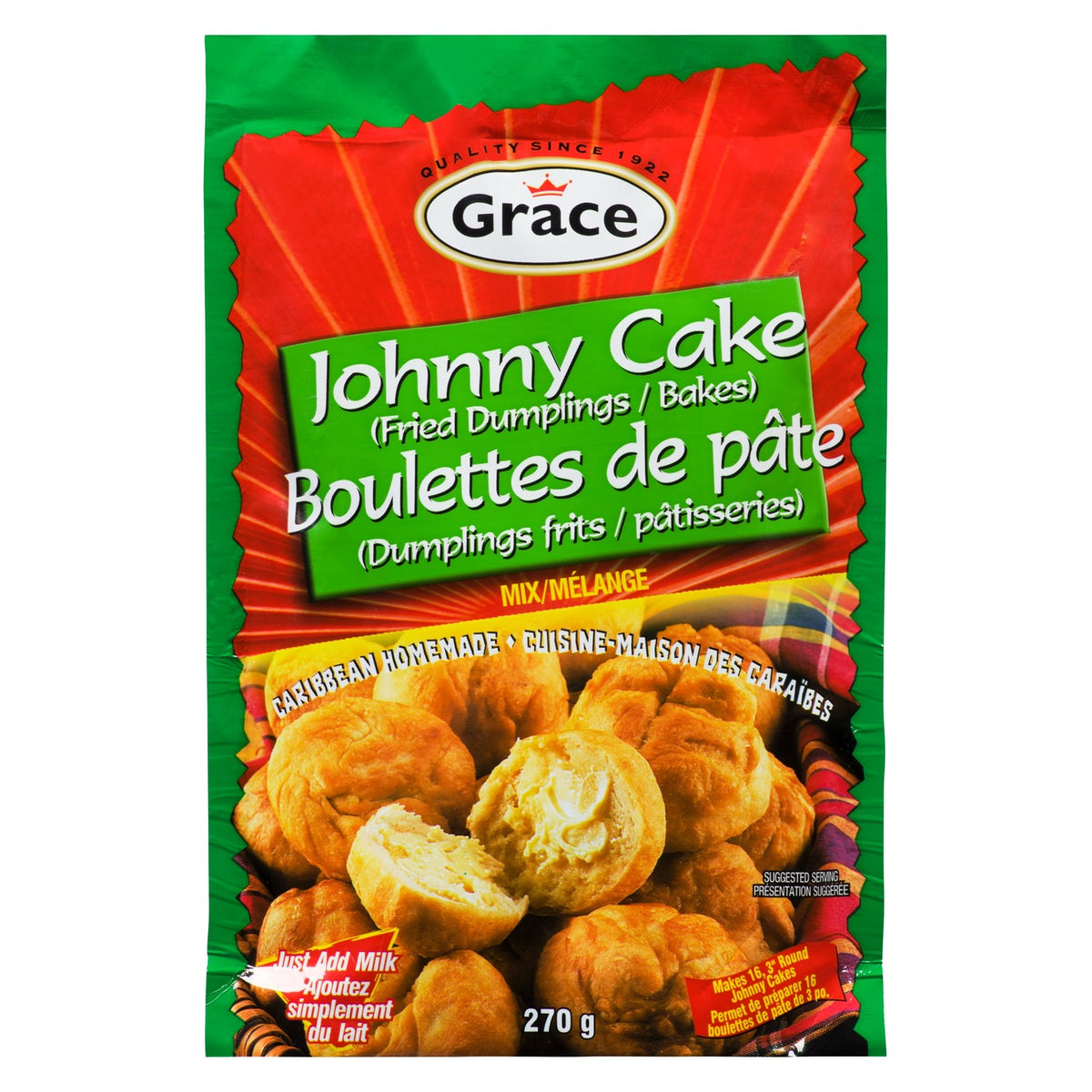 Front view of Grace Fried Dumpling Johnny Cake Mix showcasing Johnny Cakes and 270 g package on white background