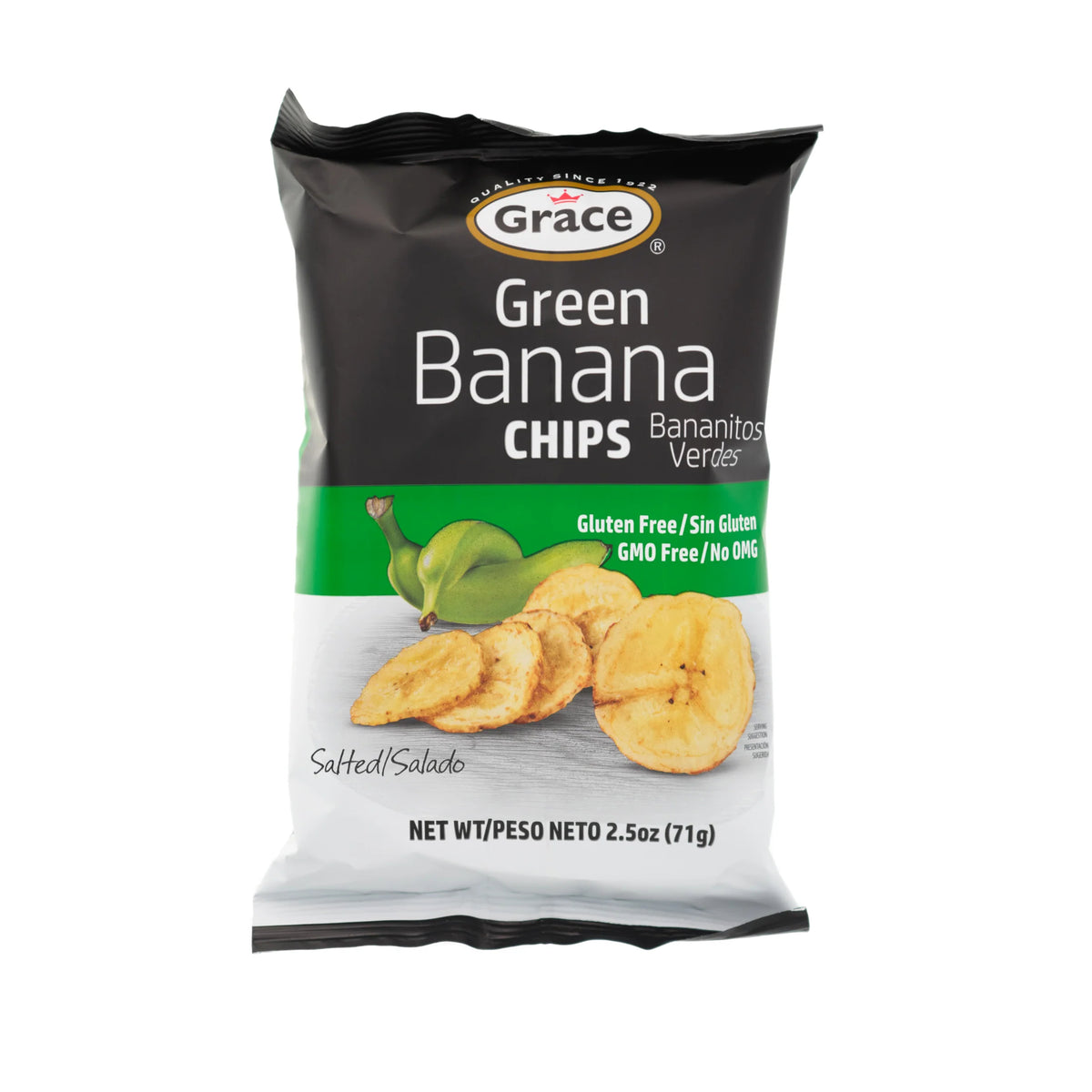 Front view of Grace Green Banana Chips bag showcasing salted chips and 71 gram size on a white background