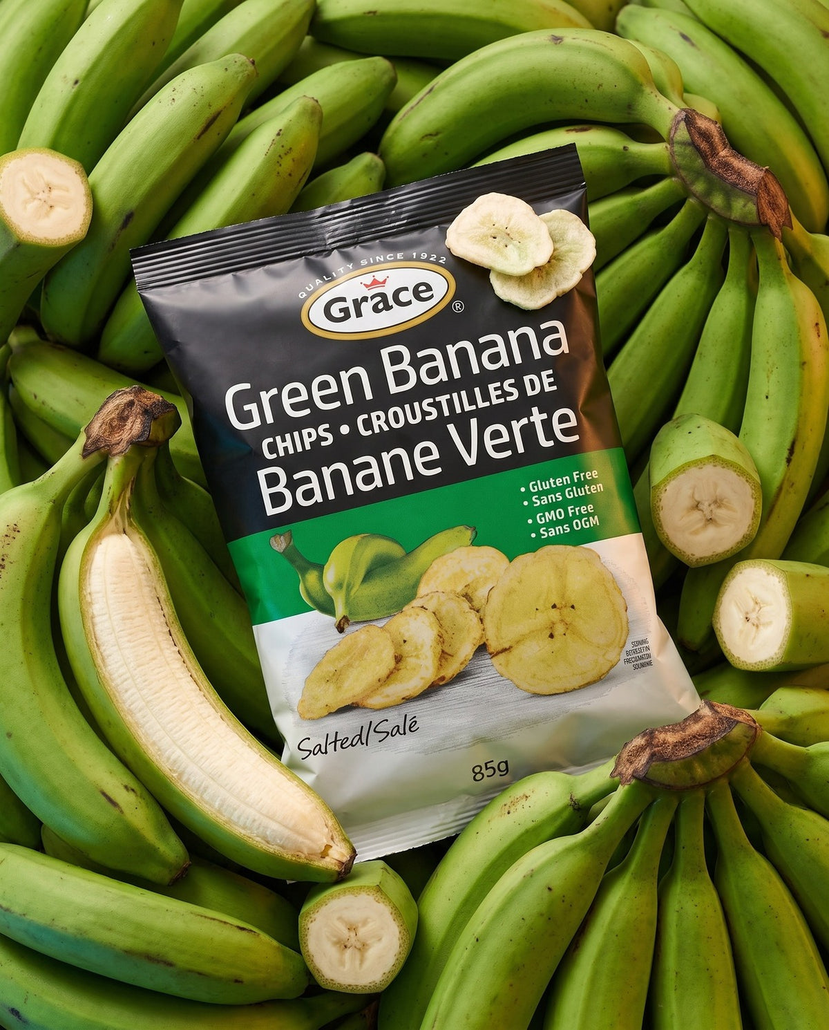 Angled view of Grace Green Banana Chips bag showcasing salted chips with green bananas in the background