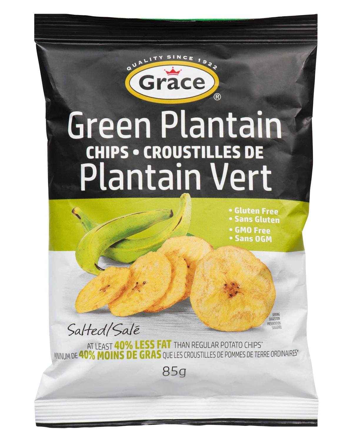 Front view of Grace Green Plantain Chips bag showcasing salted plantain chips and green plantains on a white background