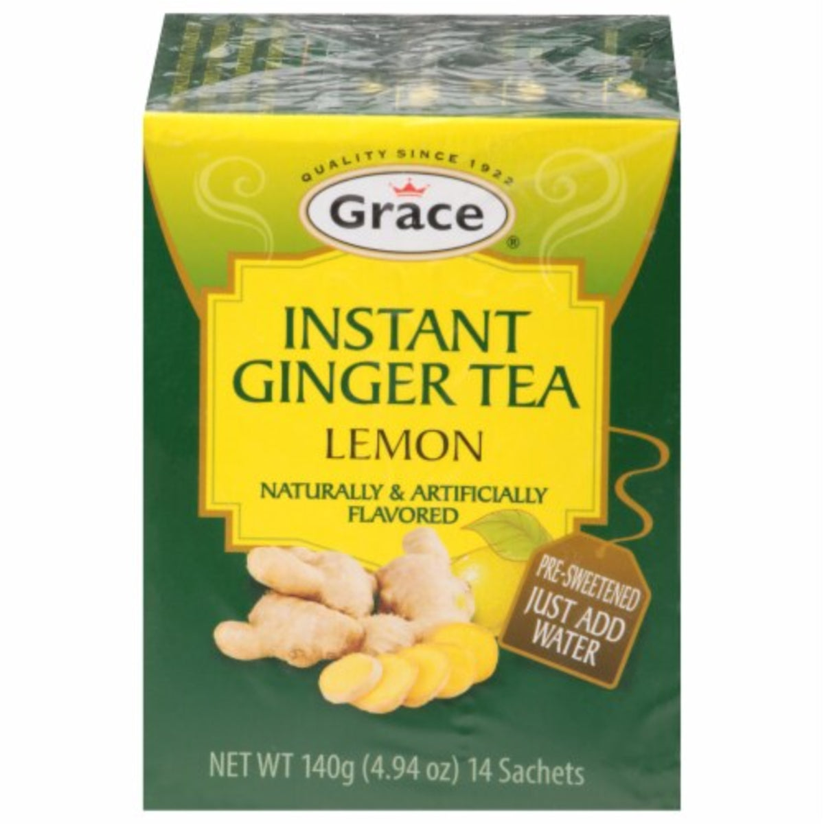 Front view of Grace Instant Ginger Lemon Tea box showing ginger and lemon, 14 sachets, and pre-sweetened preparation