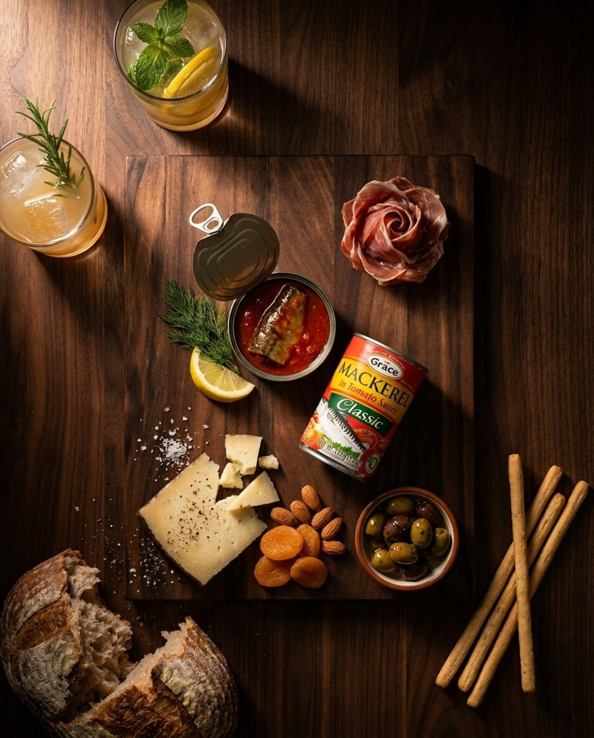 Overhead view of Grace Classic Mackerel in Tomato Sauce showcasing the can and opened mackerel with a charcuterie spread