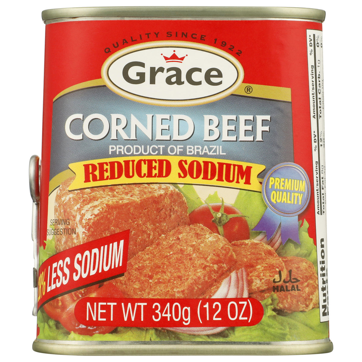 Front view of Grace Reduced Sodium Corned Beef can showcasing reduced sodium labeling and 12-ounce size on white background