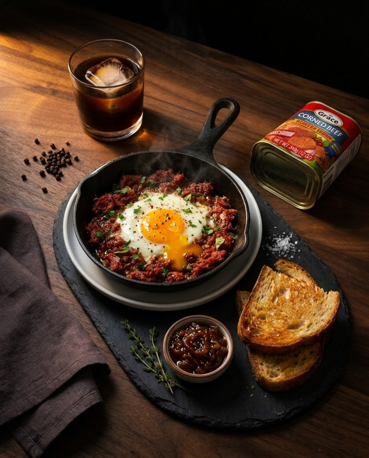 Grace reduced sodium corned beef served in a skillet with egg and toast beside a drink on a wooden table