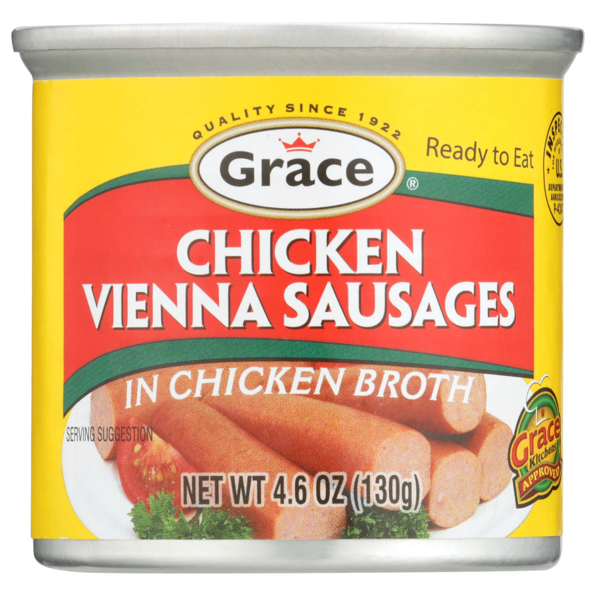 Front view of Grace Chicken Vienna Sausages in Chicken Broth can showcasing ready to eat sausages on a white background