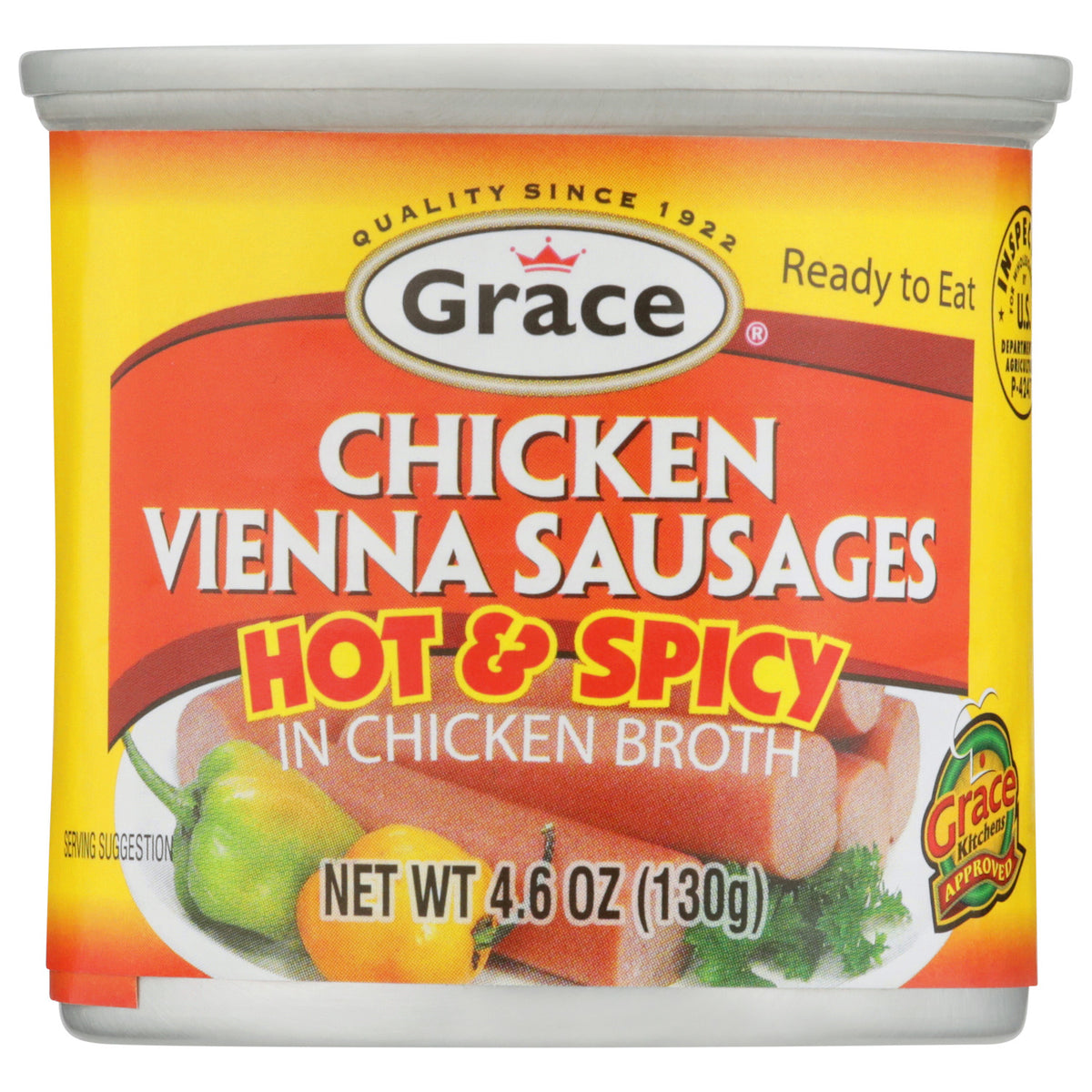 Front view of Grace Hot and Spicy Chicken Vienna Sausages in Chicken Broth can labeled Ready to Eat, net weight 4.6 oz 130 g