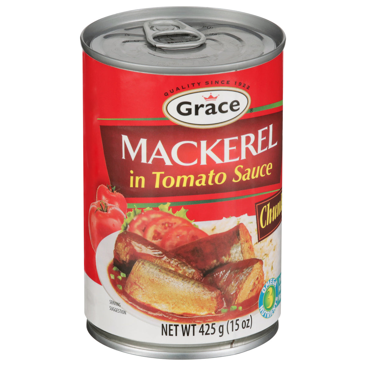 Front view of Grace Mackerel in Tomato Sauce can with pull-tab lid, 425 g (15 oz) net weight, on white background