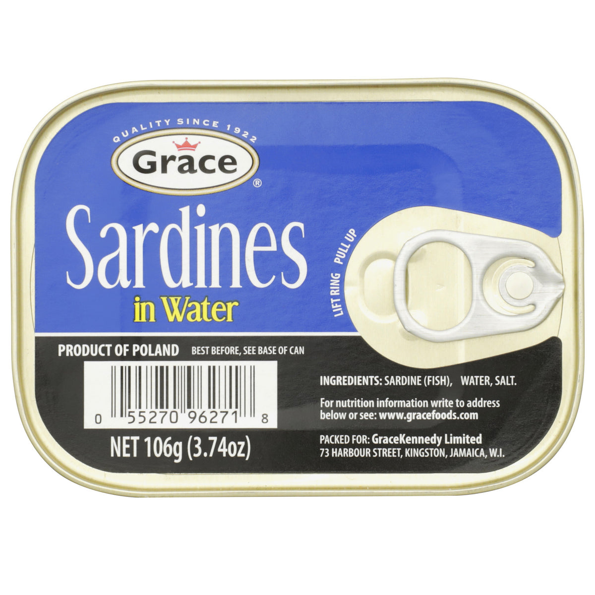 Front view of Grace Sardines in Water can showcasing 106 gram net weight and pull tab lid on white background