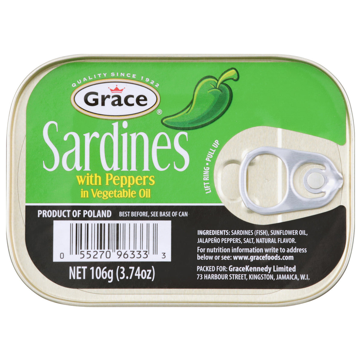 Front view of Grace Sardines with Peppers in Vegetable Oil can showing a pull-tab lid and 106 g size on white background