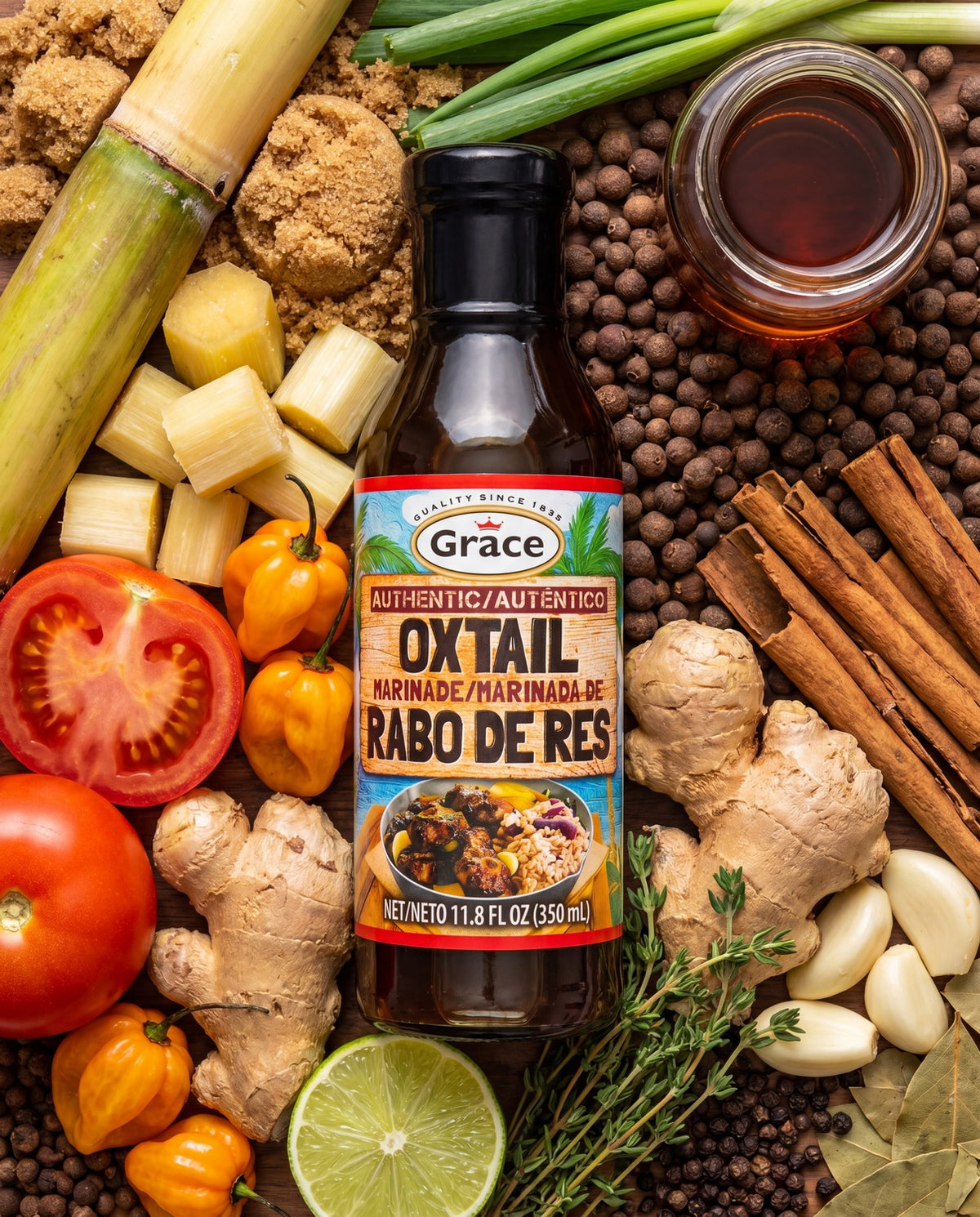 Front view of Grace Oxtail Marinade bottle showcasing its bilingual label with spices and ingredients in the background