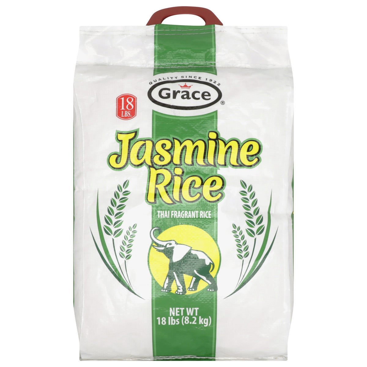 Front view of Grace Thai Jasmine Rice showcasing 18 pound packaging and carry handle against a white background
