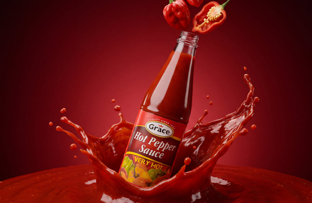 Angled view of Grace Hot Pepper Sauce bottle showcasing its Very Hot label with red peppers and sauce splash on a red background