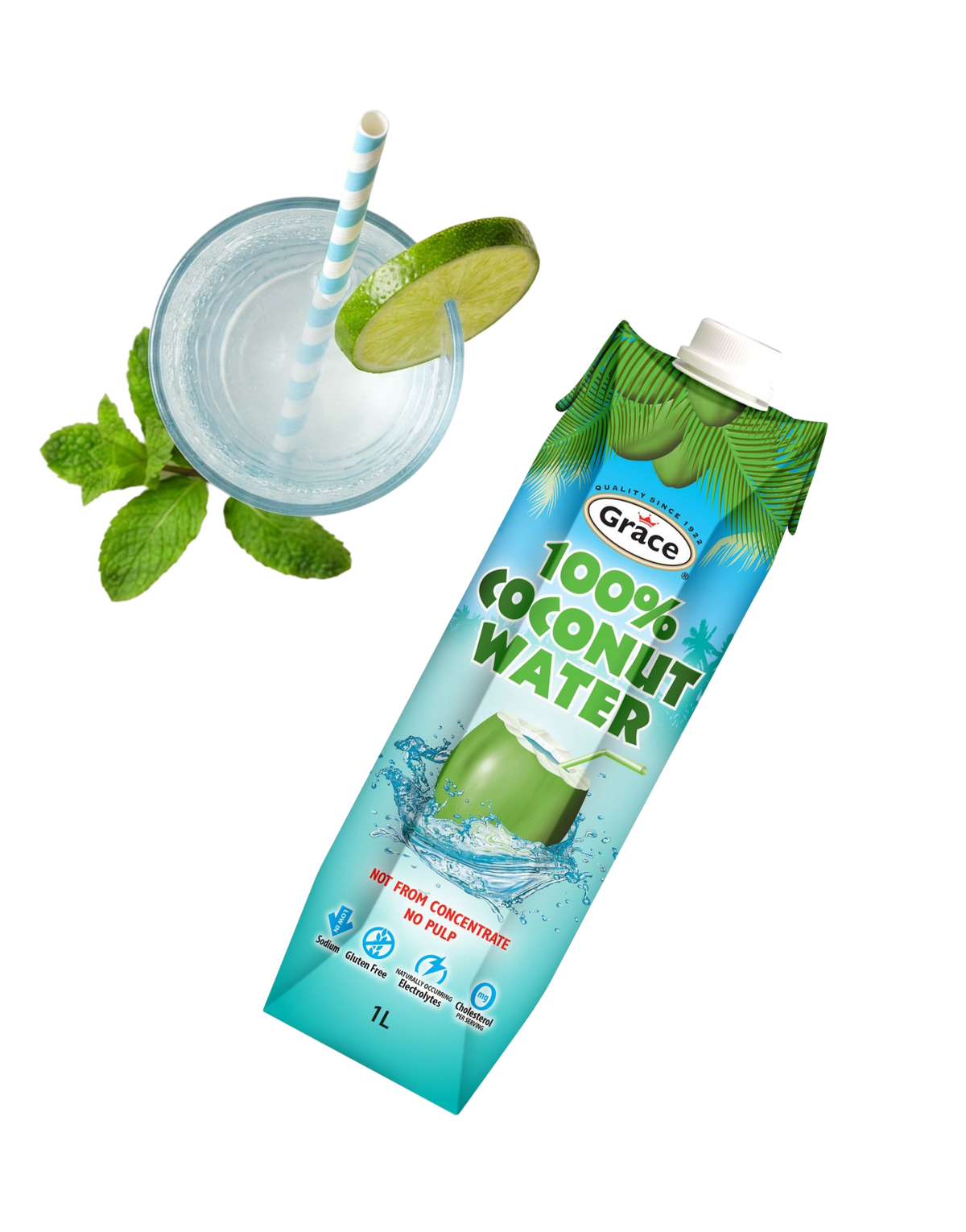 Grace 100% Coconut Water carton beside a lime-garnished drink with mint and a striped straw