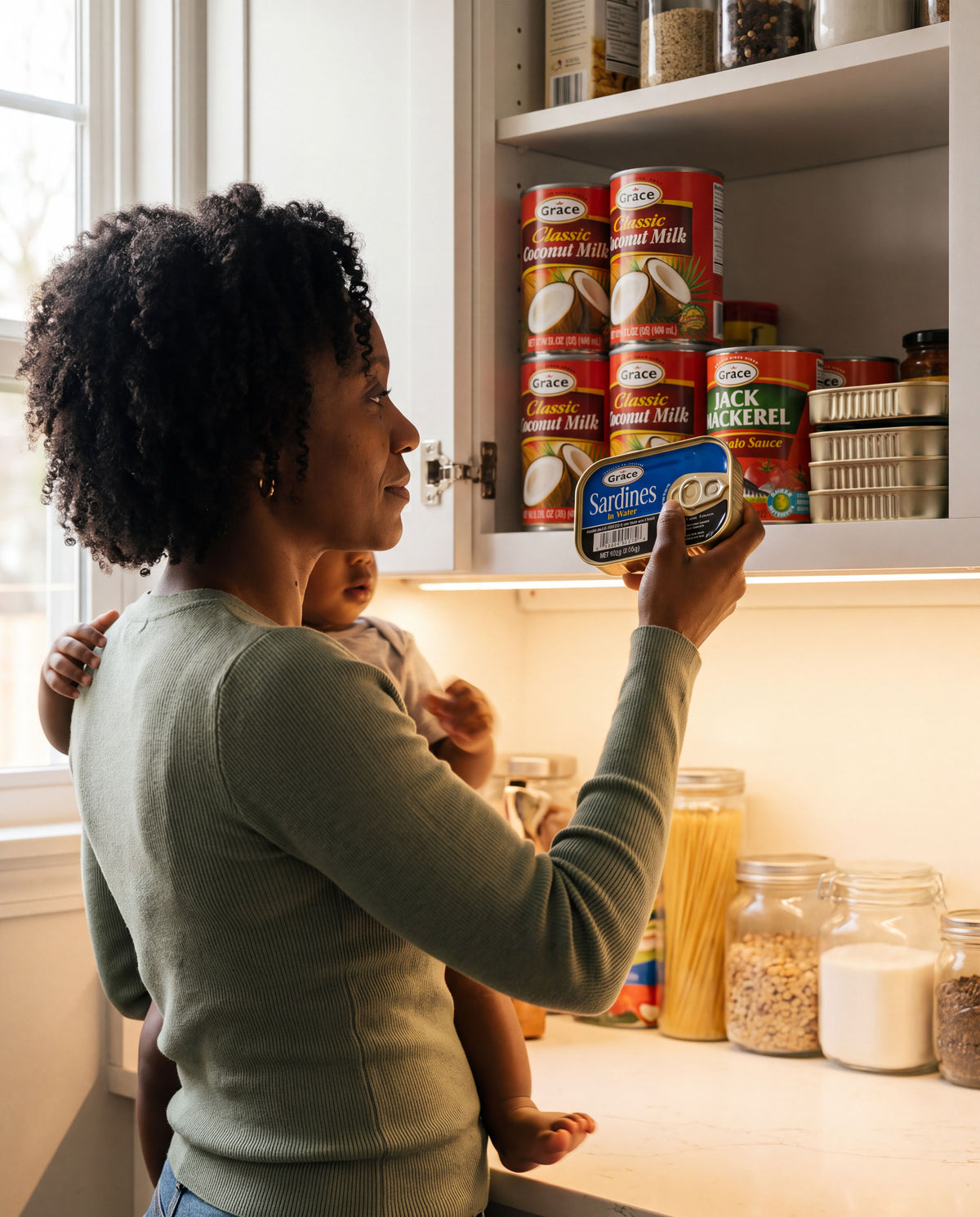 Woman and child selecting Grace Foods canned products from a well stocked kitchen pantry