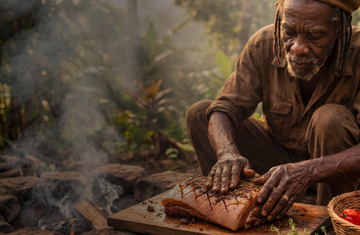 Man seasoning a pork roast on a cutting board outdoors beside a smoky fire