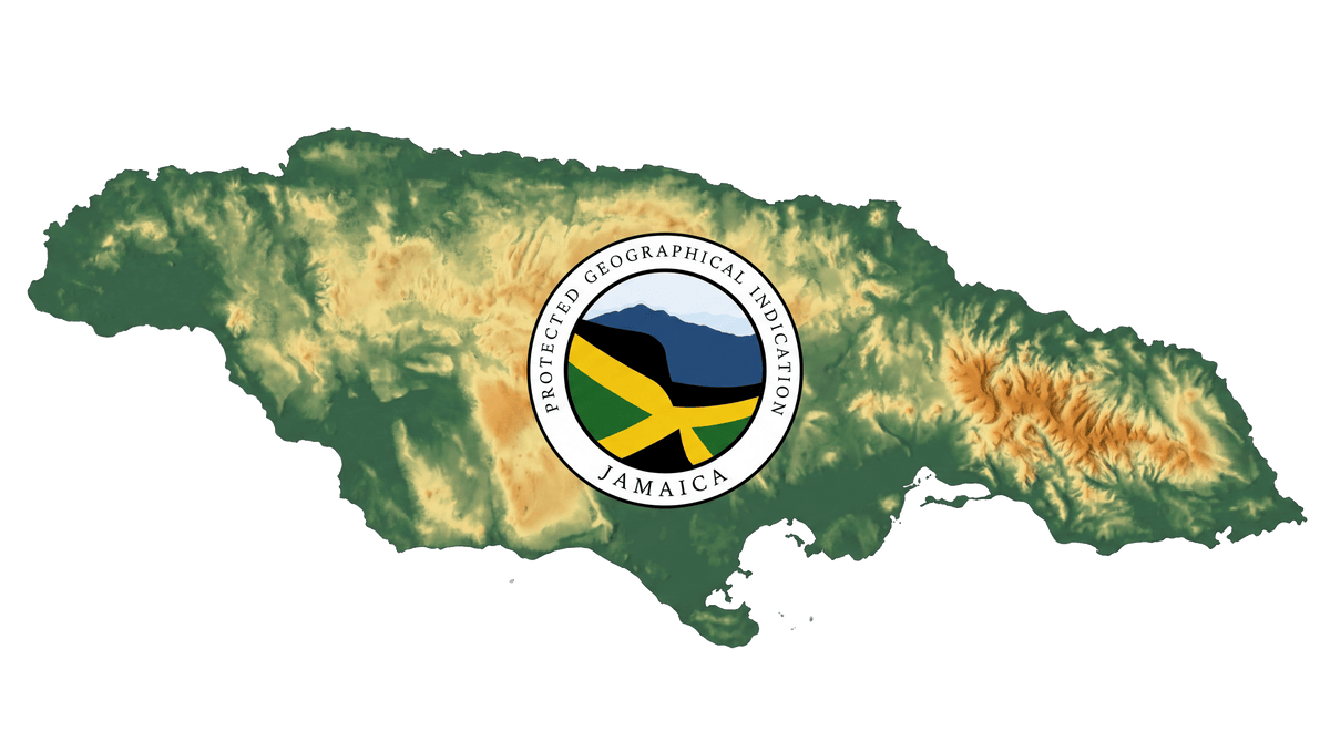 Jamaica map with Protected Geographical Indication seal