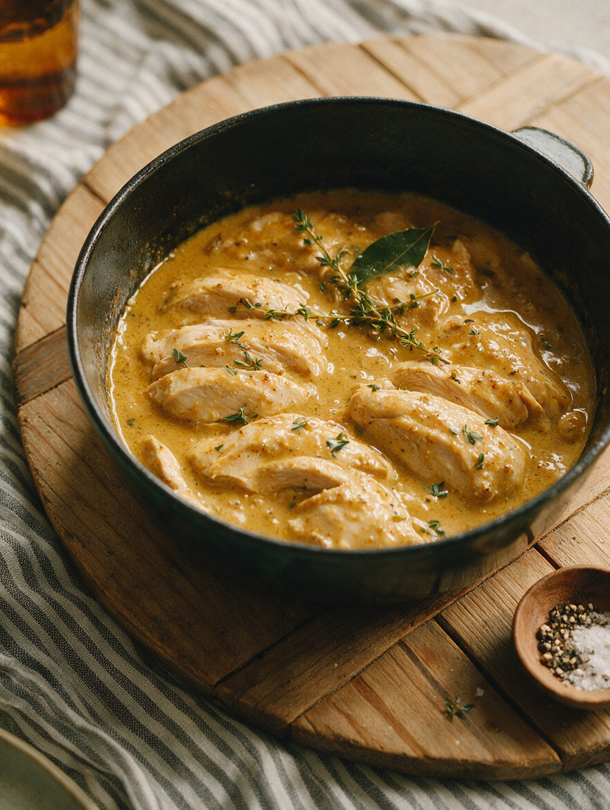 Close-up of poached chicken in jerk coconut sauce garnished with herbs in a black bowl on a wooden board