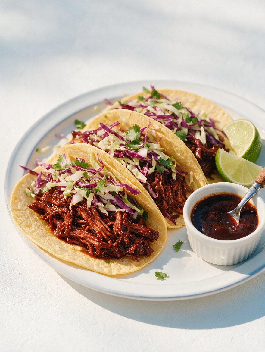 Plate of Slow-Cooked Jerk BBQ Pulled Beef Tacos showcasing shredded beef, cabbage slaw, lime, and dipping sauce