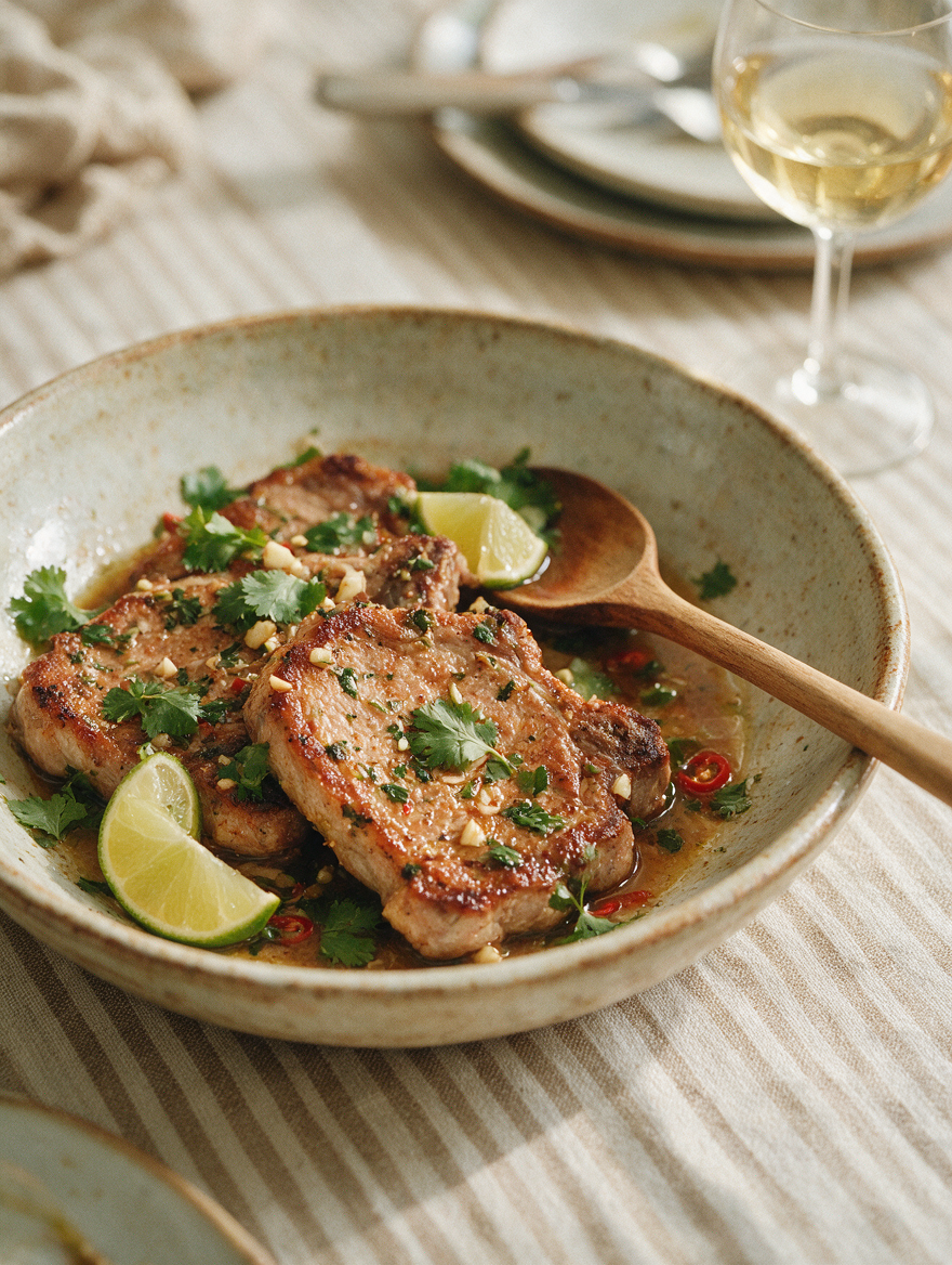 Overhead view of coriander and lime pork chops with cilantro, lime wedges, and chili in a bowl