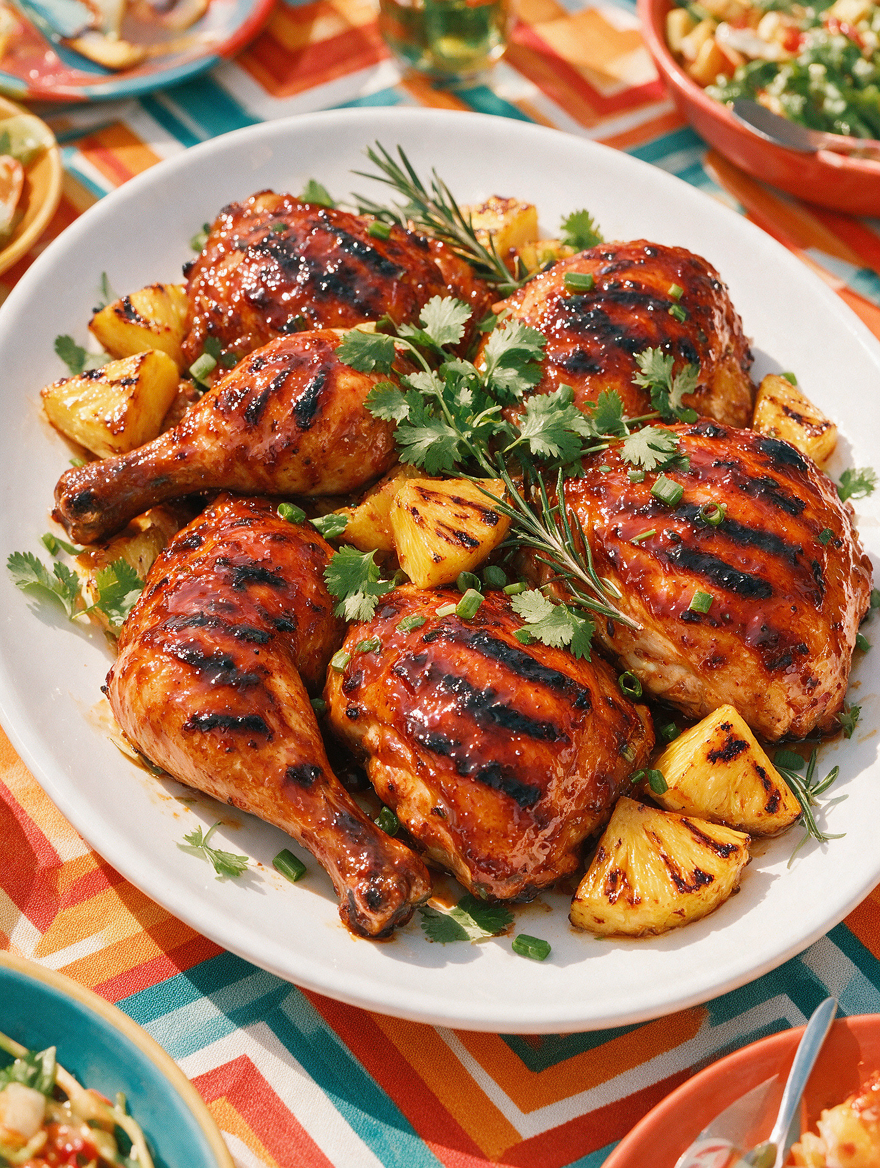 Front view of BBQ Pineapple Glazed Chicken showcasing glazed grilled chicken and pineapple on a colorful table setting