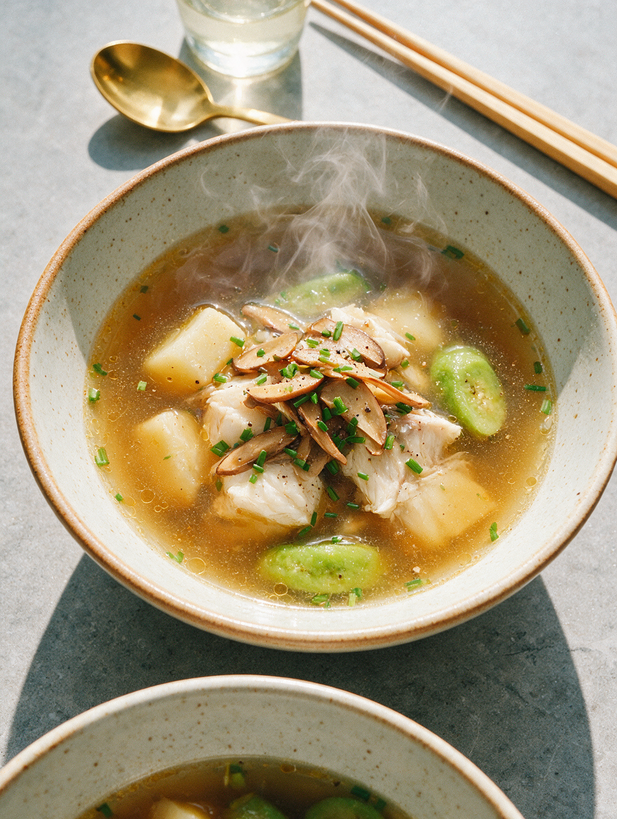 Close-up of Fish Tea Soup showcasing fish, root vegetables, mushrooms, and chives in steaming broth