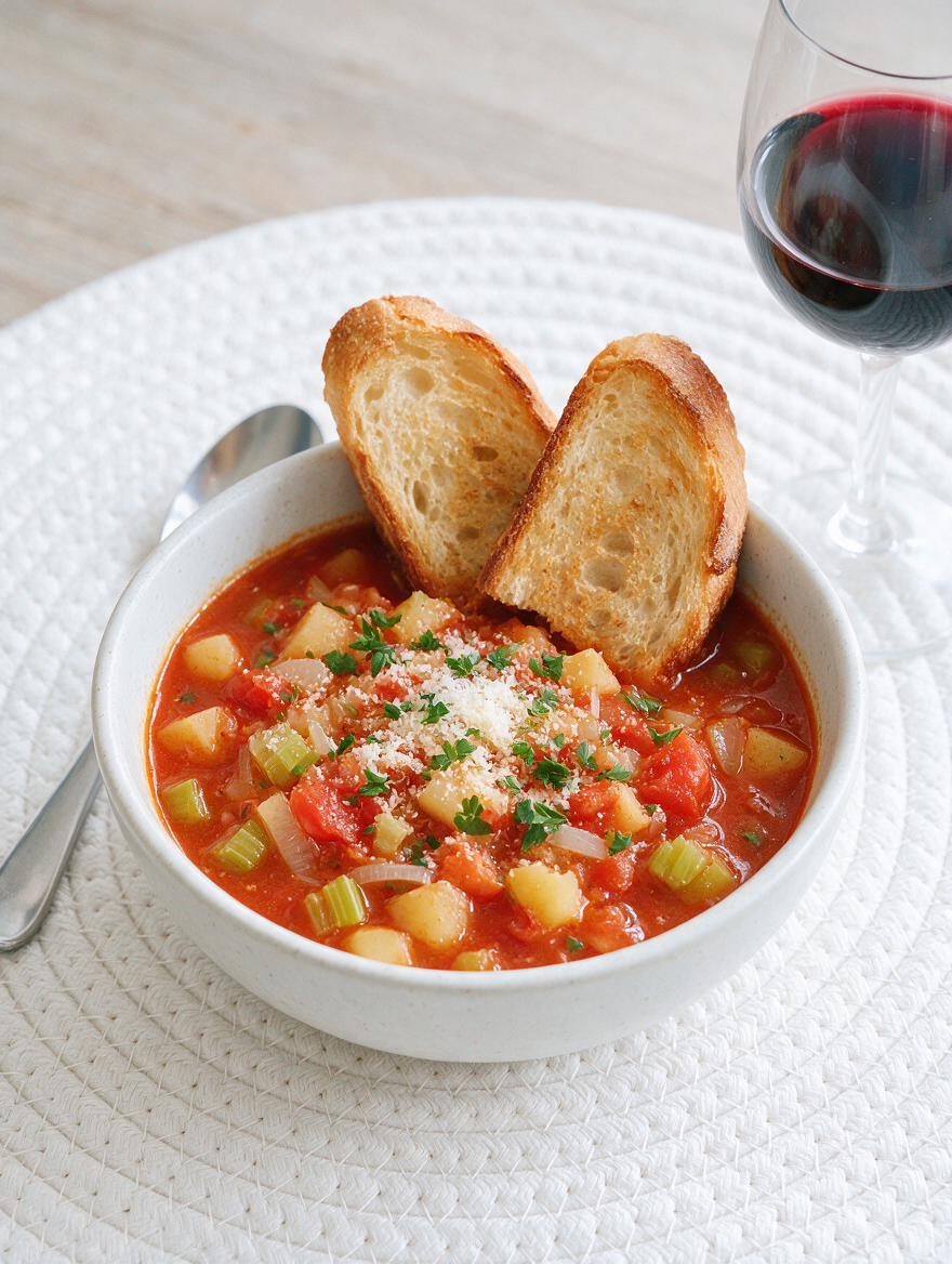 Angled overhead view of Vegetable Soup showcasing diced vegetables, parsley, and toasted bread on a white placemat