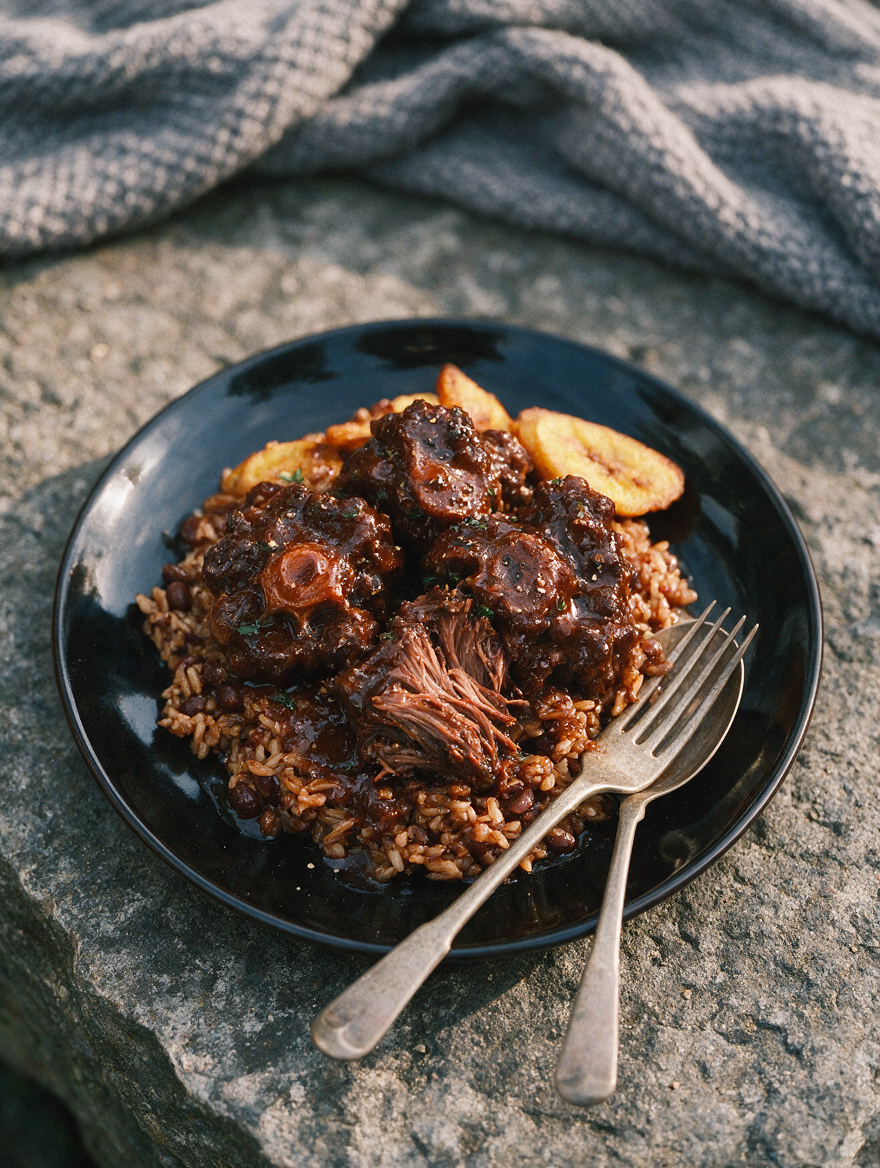 Overhead view of Jamaican oxtail with rice and peas, fried plantains, and serving forks on a black plate