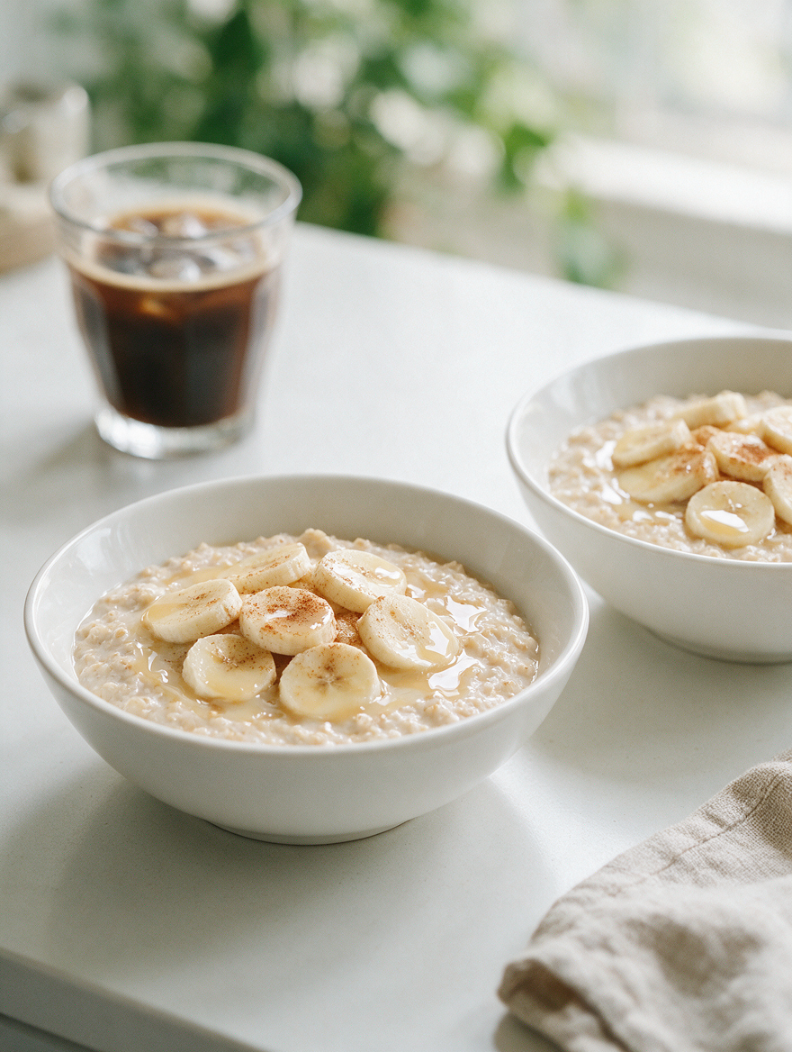 Front view of Instant Oatmeal showcasing banana slices and cinnamon with a bright tabletop background