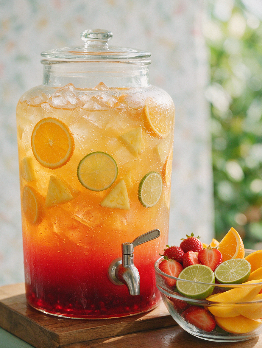 Front view of Tropical Pineapple Guava Sangria showcasing citrus and tropical fruit slices in a glass dispenser
