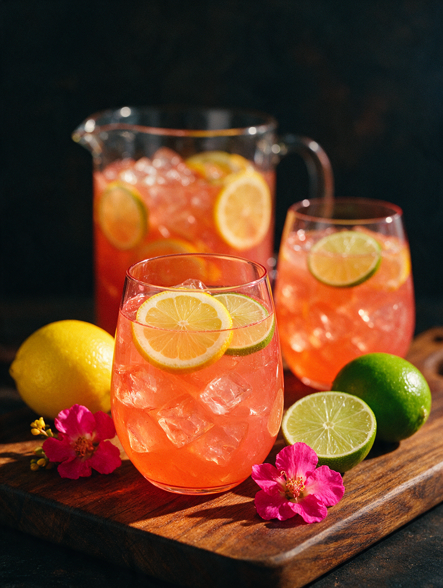 Front view of Tropical Pineapple Guava Sangria showcasing citrus garnishes with a wooden serving board