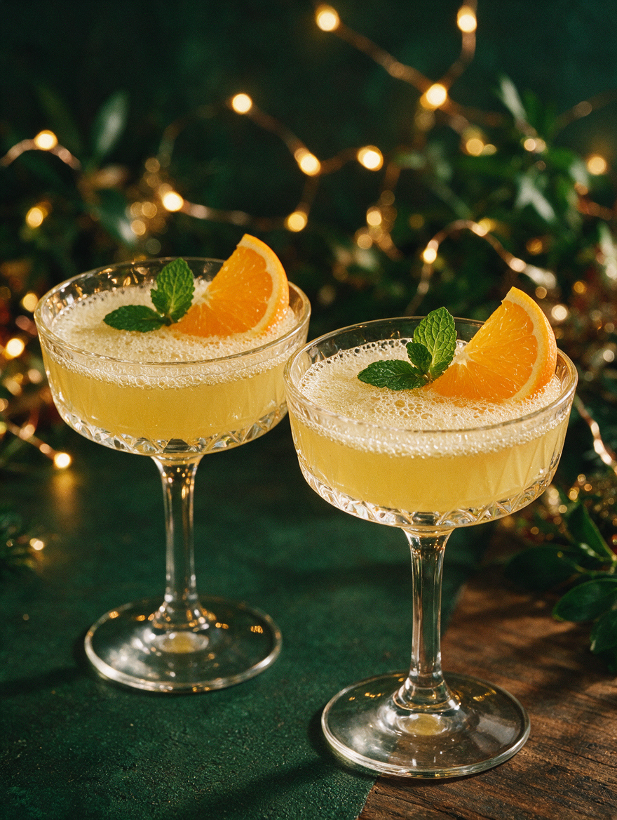 Close-up of Coconut Mimosa Twist showcasing orange wedges and mint leaves with festive lights in background