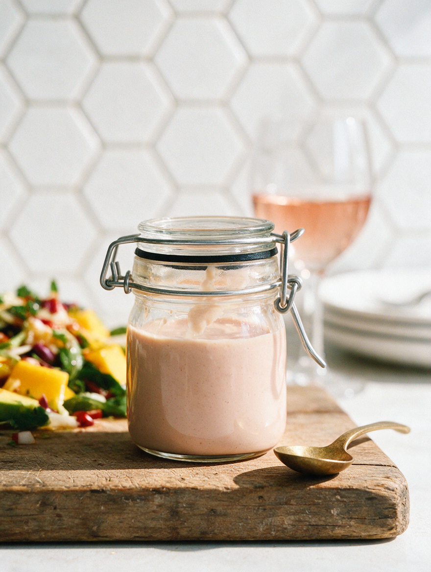 Front view of Salad Dressing with a Difference showcasing creamy pink dressing in a glass jar on a wooden board