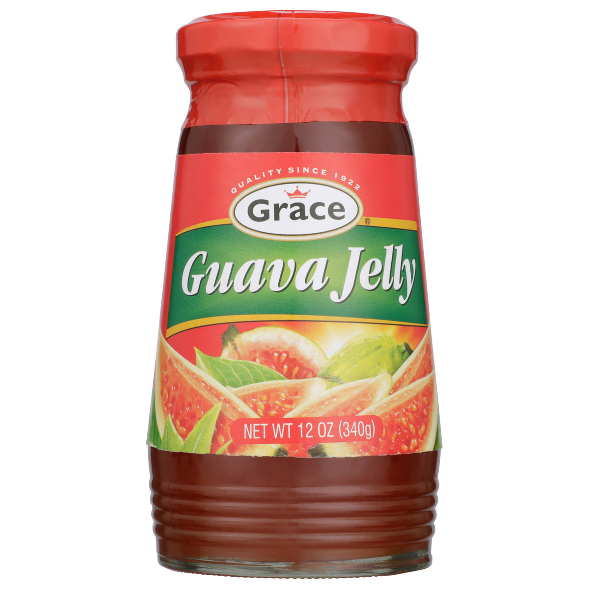 Front view of Grace Guava Jelly jar with guava imagery and 12 ounce net weight on a white background